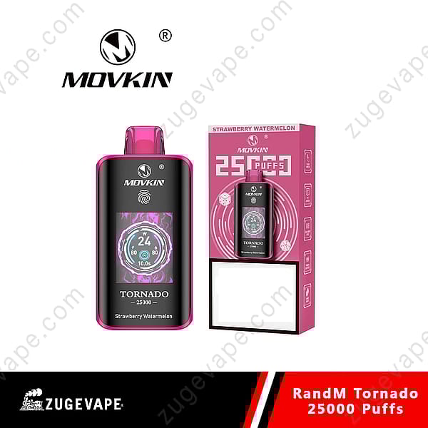 Movkin Tornado 25000 Puff Vape With Strawberry Watermelon Flavor And Packaging.