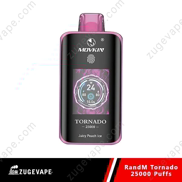 Vape Device With A Digital Display And Pink Accents, Labeled &Quot;Randm Tornado 25000 Puffs Juicy Peach Ice.&Quot;