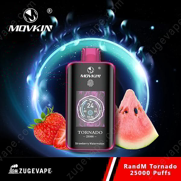 Movkin Randm Tornado 25000 Vape Featuring Strawberry And Watermelon Flavors With Digital Display, Surrounded By Glowing Blue Aura.