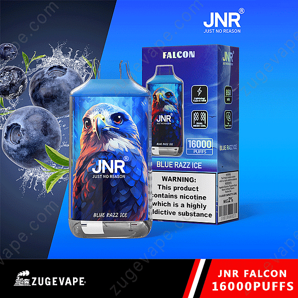 Dispositivo de vapeo Jnr Falcon Blue Razz Ice con 16 000 bocanadas, un diseño de águila audaz, etiqueta de advertencia de nicotina y la marca Zugevape.