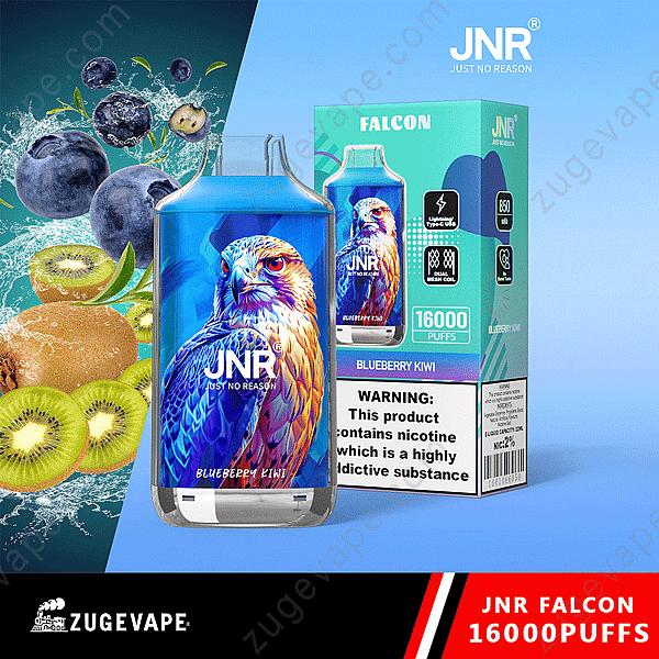 Vaporizador Jnr Falcon de 16 000 bocanadas con sabor a arándano y kiwi, con un diseño vibrante de halcón y advertencia sobre la nicotina
