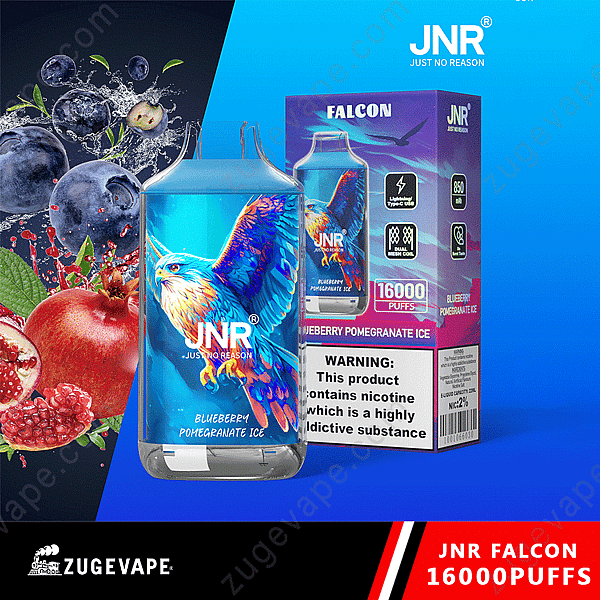 Vape desechable Jnr Falcon con sabor a arándano y granada helada, 16 000 bocanadas, presentado con empaque e imágenes de frutas.