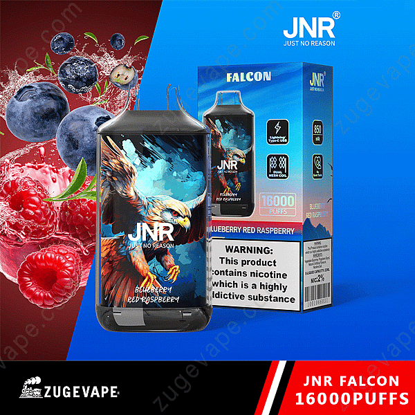 Imagen promocional de Jnr Falcon Vape con sabor a arándano y frambuesa roja, resaltando &quot;16000 bocanadas&quot; y advertencia de nicotina.