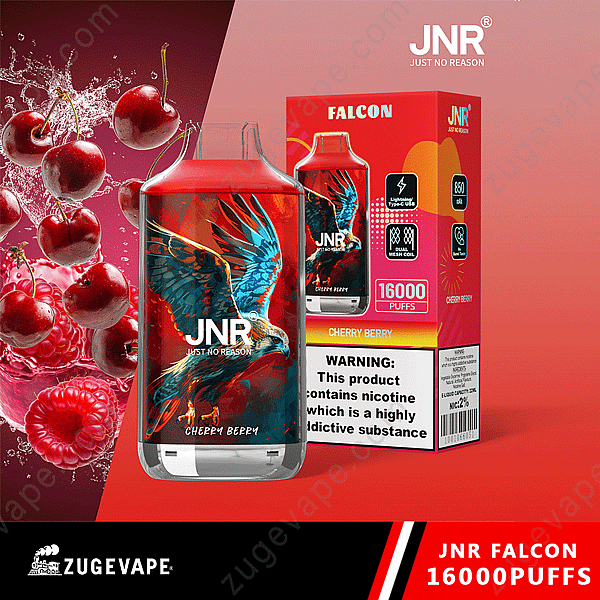 Dispositivo de vapeo Jnr Falcon con sabor a cereza y bayas, 16 000 bocanadas, con un diseño de halcón en el empaque y etiquetado con advertencia de nicotina.