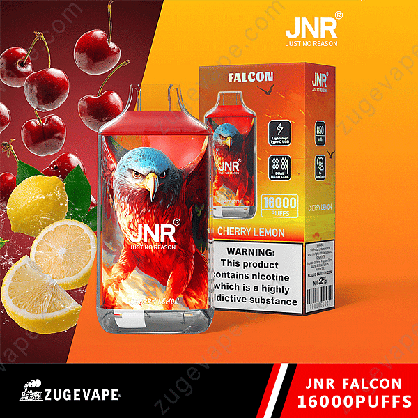 Producto Jnr Falcon Vape con sabor a cereza y limón y advertencia sobre la nicotina, con una ilustración de un águila y detalles del empaque.