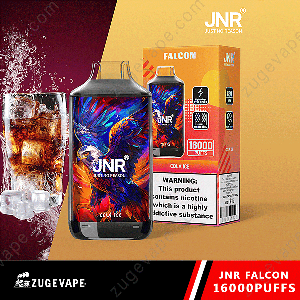 Vape desechable Jnr Falcon con 16000 bocanadas, sabor a hielo de cola, con ilustraciones de águila vibrantes en el empaque y el dispositivo, con batería de 850 Mah y carga tipo C.