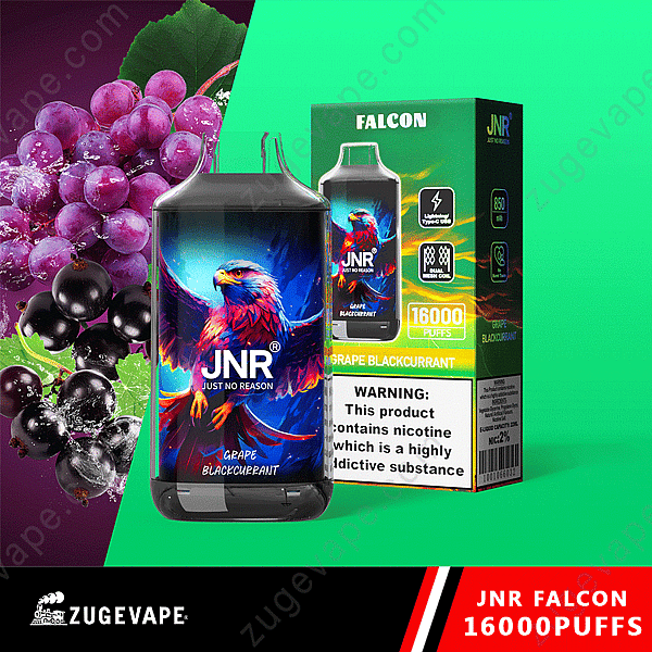 Un dispositivo de vapeo etiquetado como &quot;Jnr Falcon&quot; con imágenes de uvas y grosellas negras, que muestran una advertencia sobre el contenido de nicotina.