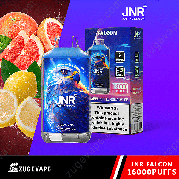 Imagen de un producto de vapeo Falcon de Jnr con sabor a pomelo y limonada helada, con una ilustración de un halcón y frutas. El paquete indica 16 000 bocanadas e incluye una advertencia sobre el contenido de nicotina.