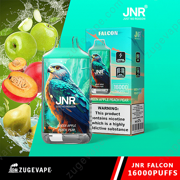 Dispositivo de vapeo Jnr Falcon con sabores de manzana verde, melocotón y pera, detalles de empaque y advertencia sobre nicotina.