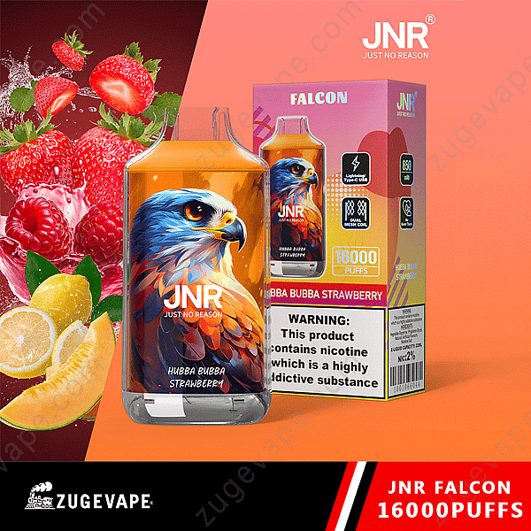 Vape Jnr Falcon con fondo de frutas y empaque que muestra el sabor "Hubba Bubba Strawberry" y una advertencia sobre el contenido de nicotina.