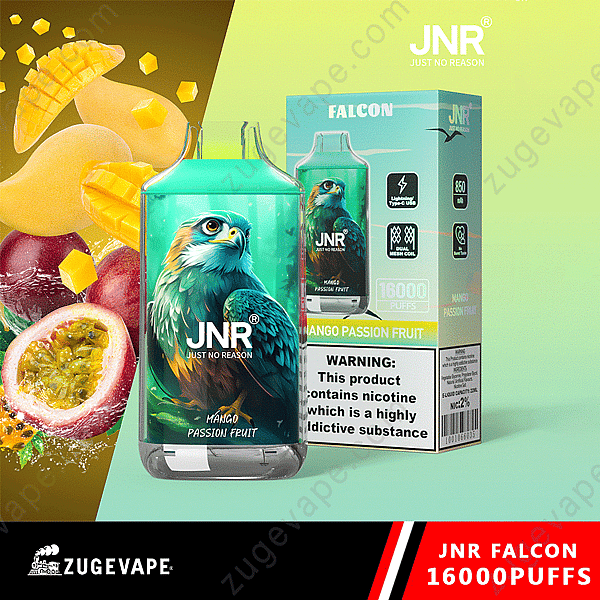Jnr Falcon Mango Passion Fruit Vape con empaque de 16000 bocanadas y advertencia sobre nicotina.