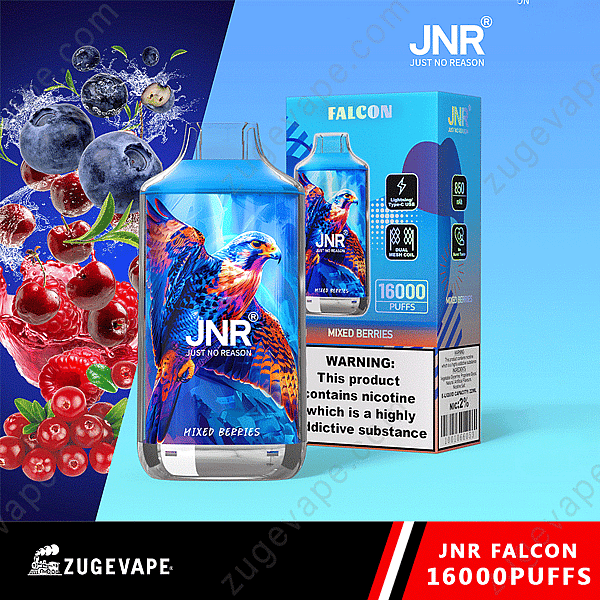 Vape desechable Jnr Falcon con 16 000 bocanadas, sabor a frutos del bosque, con un diseño de halcón colorido y advertencia sobre la nicotina