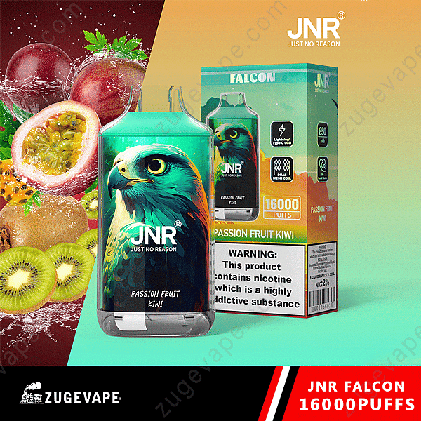 Dispositivo de vapeo Jnr Falcon con 16 000 bocanadas, sabor a kiwi y maracuyá, batería de 850 mAh y tecnología de bobina de doble malla. La caja y el dispositivo muestran una ilustración estilizada de un halcón.