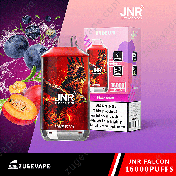 Jnr Falcon Peach Berry Vape con empaque de 16000 bocanadas que presenta un diseño de águila, arándanos y melocotón.