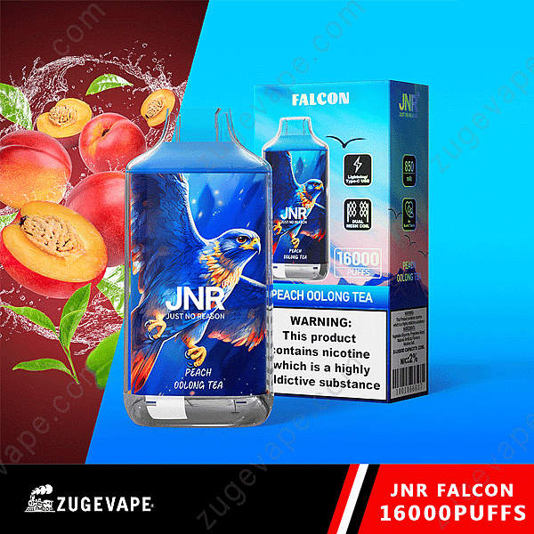Vape desechable Jnr Falcon con sabor a té oolong de melocotón, 16 000 bocanadas, ilustración de Blue Falcon en el empaque, incluye batería de 850 Mah y carga tipo C.