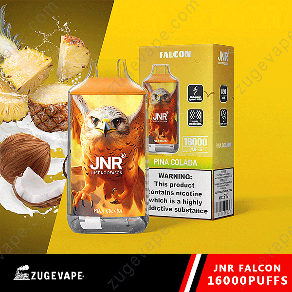 Vape desechable Jnr Falcon en sabor a piña colada con 16000 bocanadas, con diseño de águila y empaque del producto con advertencia de nicotina.