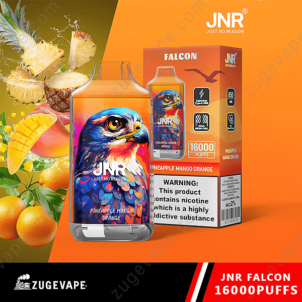 Un dispositivo de vapeo colorido con un diseño de halcón, etiquetado como "Jnr Just No Reason" y una descripción del sabor a piña, mango y naranja. El paquete indica que el producto ofrece 16 000 bocanadas y contiene nicotina.
