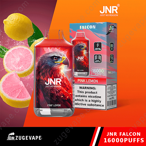 Empaque de vaporizador Jnr Falcon Pink Lemon con una imagen detallada de un halcón y gráficos de limón rosa sobre un fondo vibrante.