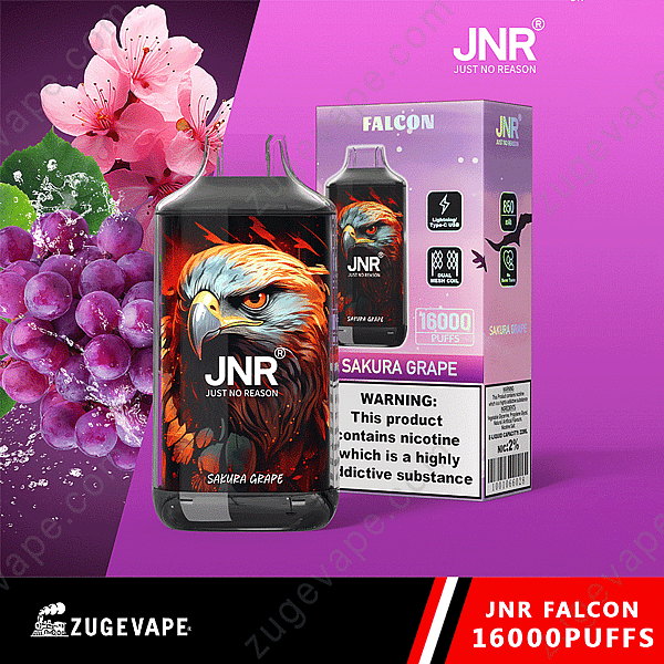 Dispositivo de vapeo desechable Jnr Falcon con diseño de águila, etiquetado como sabor "Sakura Grape", con especificaciones como 16 000 bocanadas, batería de 850 mAh y advertencia de nicotina.