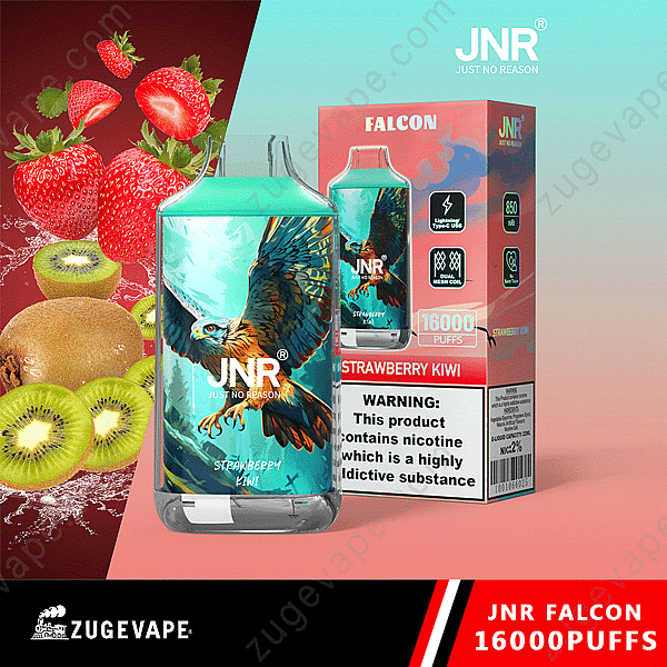 Dispositivo de vapeo Jnr Falcon con sabor a fresa y kiwi, con 16 000 bocanadas, que presenta un diseño de águila en el empaque y el producto, junto con fresas y kiwis de fondo.