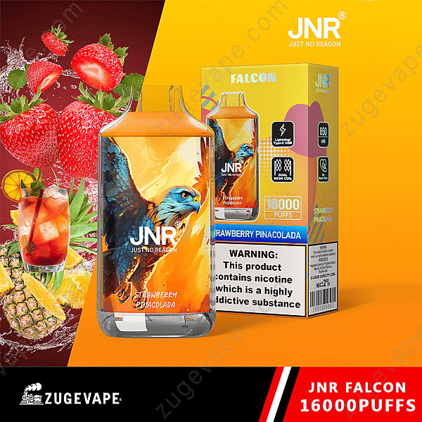 Embalaje de e-líquido para Jnr Falcon, sabor a fresa y piña colada, con capacidad para 16 000 bocanadas, con fresas, piñas, un cóctel y un diseño de halcón.