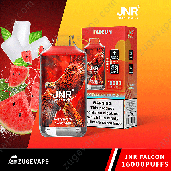 Vape desechable Jnr Falcon con sabor a chicle de sandía, capacidad para 16 000 bocanadas, gráfico de halcón rojo, bobina de malla doble, batería de 850 mAh y etiqueta de advertencia de nicotina.