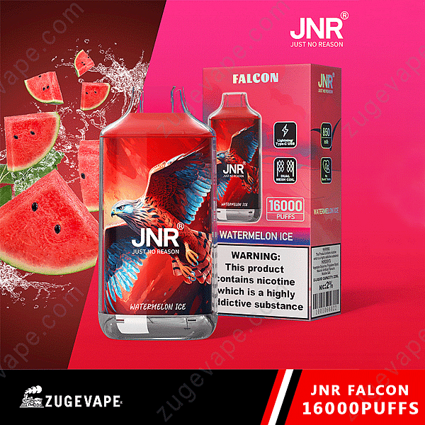 Dispositivo vaporizador Jnr Falcon Watermelon Ice con 16 000 bocanadas, que muestra un diseño de halcón en el vaporizador, la caja del producto y la etiqueta de advertencia.
