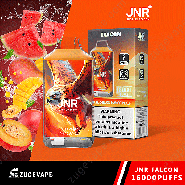 Vape desechable Jnr Falcon con sabor a sandía, mango y melocotón con capacidad para 16 000 bocanadas, con un diseño de águila en el dispositivo y el empaque.