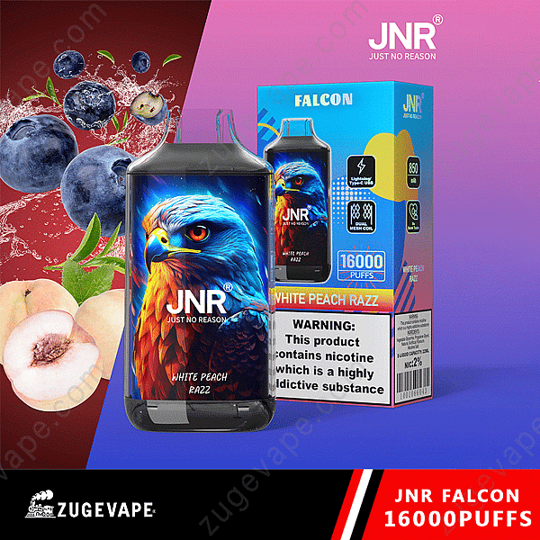 Imagen de un dispositivo de vapeo Jnr Falcon con empaque, que presenta un diseño de halcón vibrante y la etiqueta &quot;White Peach Razz&quot;. Incluye advertencia de salud y 16,000 bocanadas resaltadas.