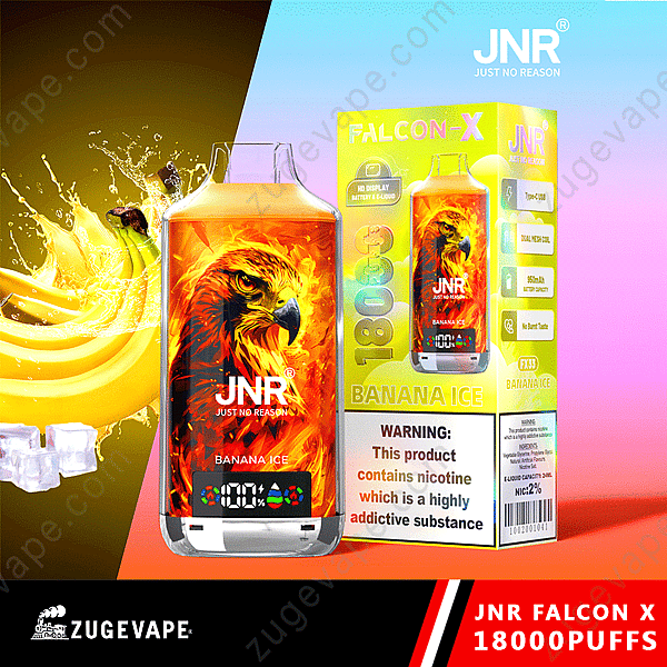 Emballage de vape Jnr Falcon X Banana Ice, avec une illustration d'aigle flamboyant, 18 000 bouffées et une étiquette d'avertissement concernant la nicotine.