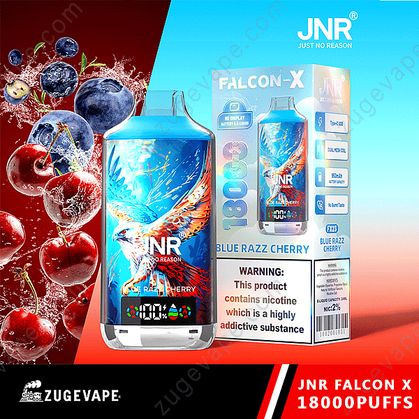 Vape jetable Jnr Falcon X 18000 bouffées avec saveur de cerise bleue Razz, avec un aigle illustré sur l'emballage, un écran HD pour la batterie et l'e-liquide, une batterie 650 mAh et une étiquette d'avertissement de nicotine 2%.