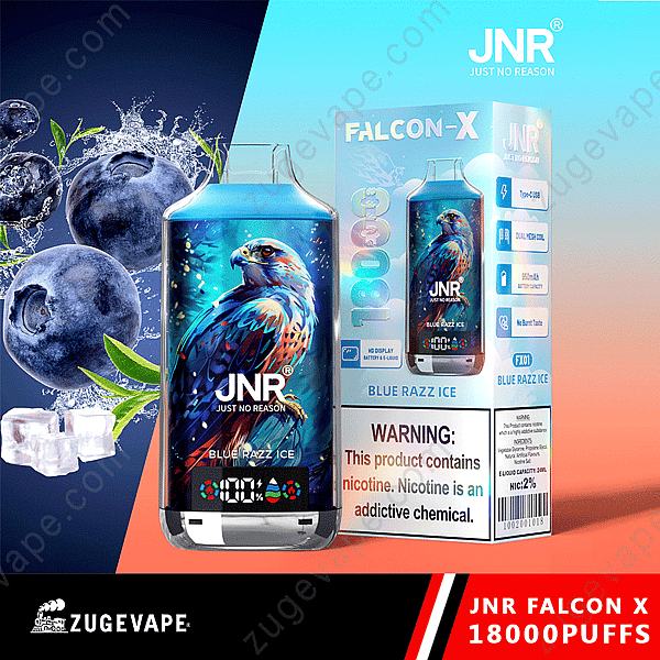 Appareil à vapotage Jnr Falcon X avec motif myrtille, glace et faucon, étiqueté « Blue Razz Ice », 18 000 bouffées, avertissement relatif à la nicotine affiché.