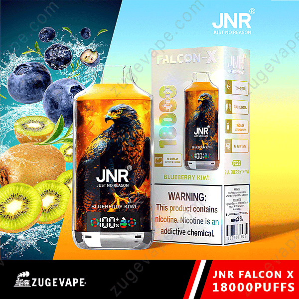 Jnr Falcon X 18000 Puffs Vape avec saveur myrtille kiwi et emballage, affichant un avertissement sur la teneur en nicotine.
