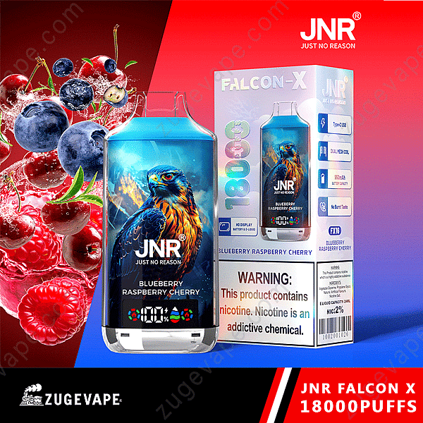 Emballage de vape Jnr Falcon X avec des saveurs de myrtille, de framboise et de cerise avec une image de faucon et un avertissement concernant la teneur en nicotine.