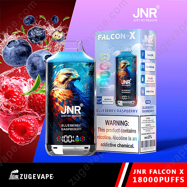 Vape Jnr Falcon X au goût de myrtille et de framboise avec emballage, comportant un design d'aigle et une étiquette d'avertissement sur la teneur en nicotine.