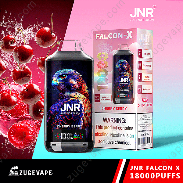 Vape Jnr Falcon X Cherry Berry avec emballage de 18 000 bouffées, comportant un faucon illustré et des images de fruits.
