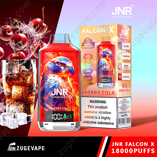 Emballage de vape avec un thème de saveur de Cola cerise, avec un design d'aigle et des détails de produit, y compris 18 000 bouffées et un avertissement de nicotine.