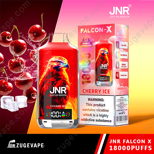 Vape jetable Jnr Falcon-X Cherry Ice avec 18 000 bouffées, avec un graphisme d'aigle rouge, un affichage numérique, un double menthol, une batterie de 650 mAh et de la nicotine 2%