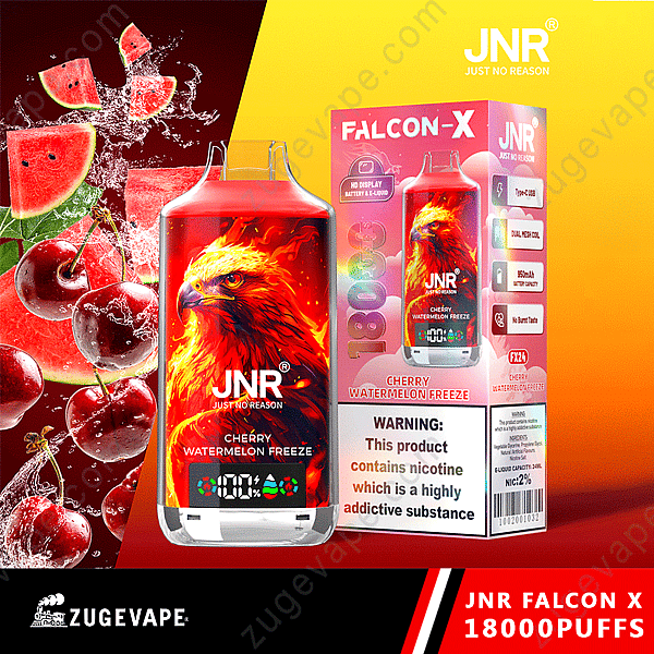 Appareil Vape Falcon X Cherry Watermelon Freeze Jnr avec 18 000 bouffées, affichant un design d'aigle ardent, une batterie HD et un indicateur de liquide, un port USB de type C et une étiquette d'avertissement de nicotine.