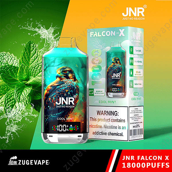 Paquet de vape Jnr Falcon X avec un design Falcon coloré et une saveur de menthe fraîche, avec une étiquette d'avertissement de nicotine.