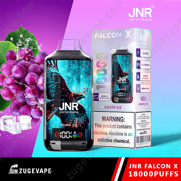 Jnr Falcon X Vape avec emballage au goût de glace au raisin et image du produit.