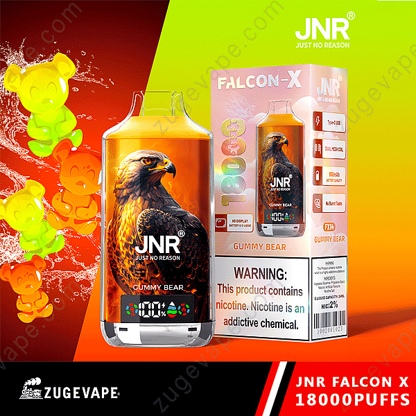 Vape jetable Jnr Falcon X avec une saveur d'ourson en gélatine, avec un graphisme d'aigle, 18 000 bouffées et une étiquette d'avertissement concernant la dépendance à la nicotine.