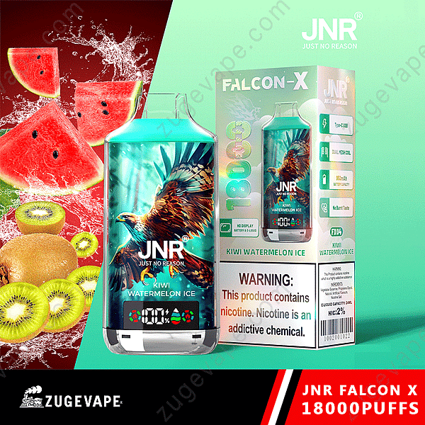 Appareil Vape Jnr Falcon X avec emballage au goût de glace à la pastèque kiwi, avec images de fruits et étiquette d'avertissement.
