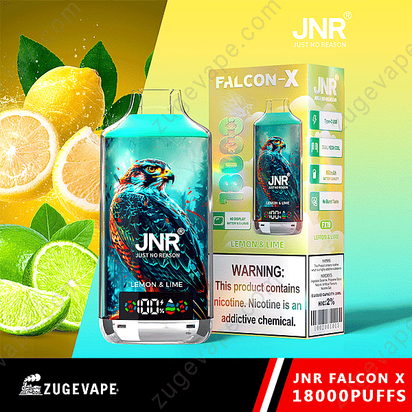 Emballage de vape Jnr Falcon X Lemon &Amp; Lime avec un graphique Falcon et un avertissement de nicotine.
