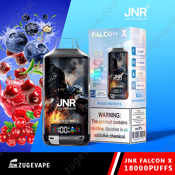 Emballage de la vape Jnr Falcon X au goût de baies mélangées avec un avertissement sur la teneur en nicotine.