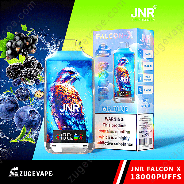 « Appareil et emballage de cigarette électronique avec des images de myrtille et de cassis, avec une illustration de faucon et un avertissement concernant la nicotine. »
