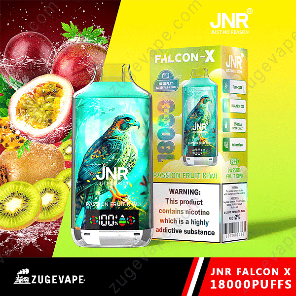 Appareil et emballage Jnr Vape avec un thème de fruit de la passion et de kiwi, avec un graphique de faucon et des fonctionnalités mises en évidence.
