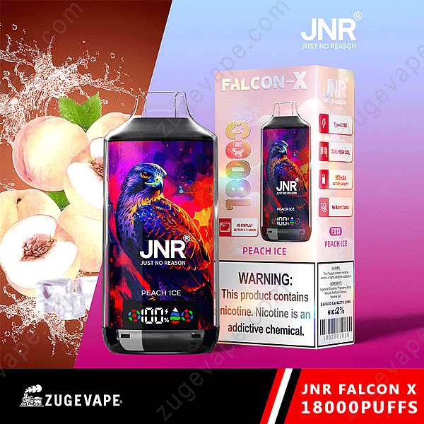 Emballage de vape Jnr Falcon X Peach Ice avec images de pêche et de glace, comprenant 18 000 bouffées et un avertissement de nicotine.