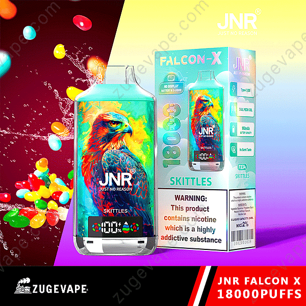 Vape Jnr Falcon X avec emballage au design d'aigle coloré, étiqueté « Skittles » et fonction 18 000 bouffées.