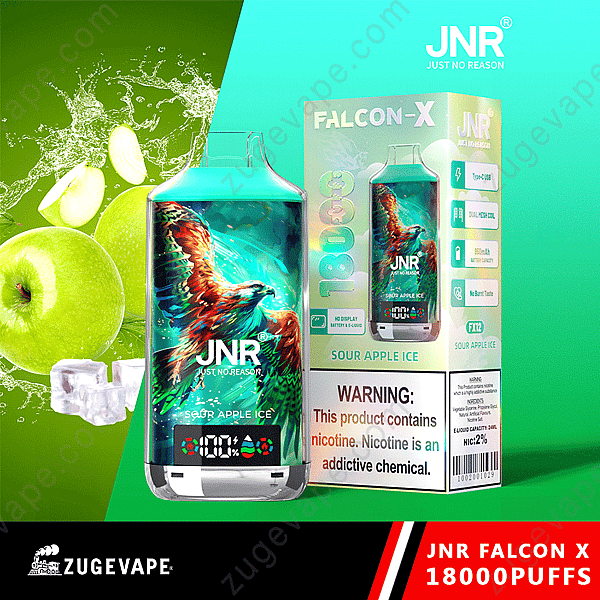 Emballage de vape Jnr Falcon X Sour Apple Ice avec un motif d'aigle et une étiquette d'avertissement concernant la nicotine.
